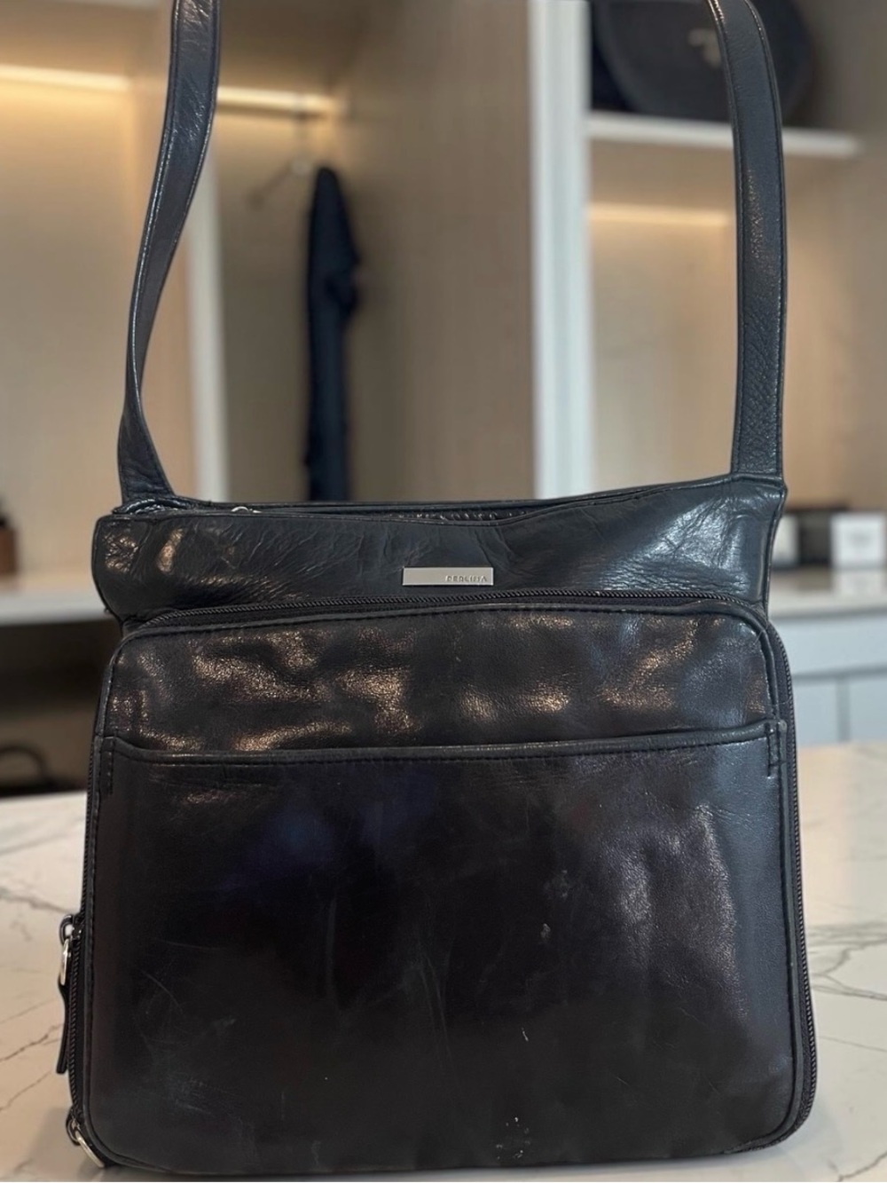 Perlina New York Black Leather Crossbody Bag Organizer Multi Pocket Purse